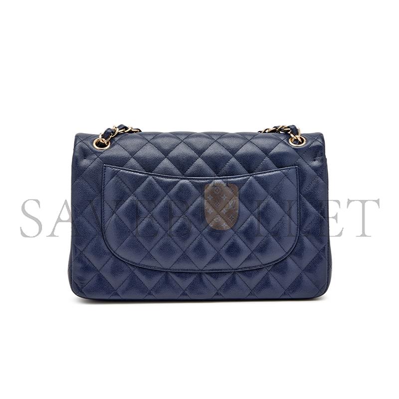 Ch*el master navy blue quilted caviar jumbo classic double flap bag pale gold hardware (30*20*10cm)